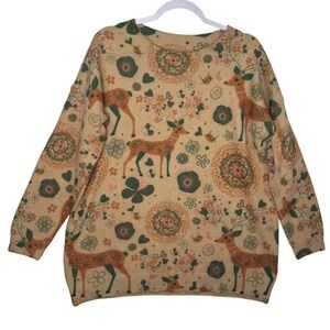 Womens Deer Floral Print Sweater Long Sleeve Crew Neck Beige Green Orange